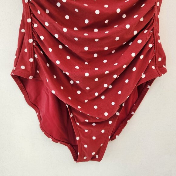 Niptuck Swim Red Polka Dot Swimsuit Joanne Slimming Ruched One Piece Size 8 - Picture 7 of 12